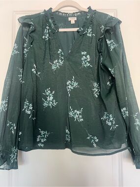 J. Crew Dark Green Floral V-Neck Ruffle Blouse